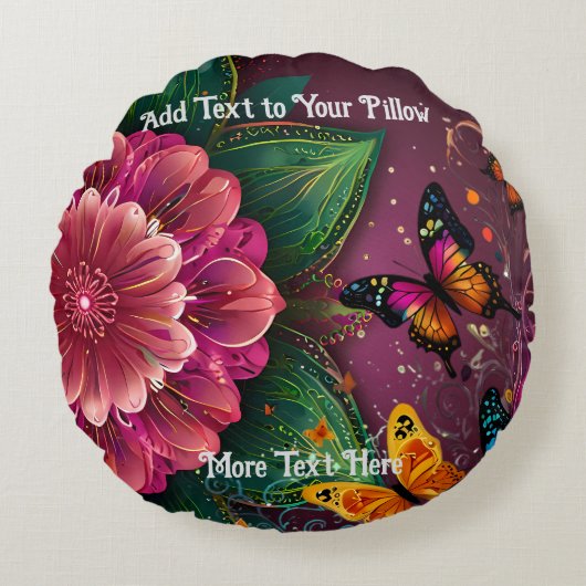 Mooi roze bloem en vlinders ontwerp rond kussen (Voorkant)