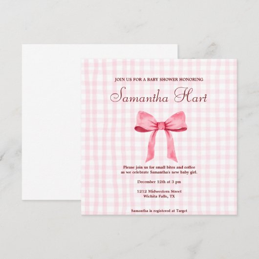 Mooi Roze Eenvoudig Gingham Roze Bow Baby shower Kaart (Voorkant / Achterkant)