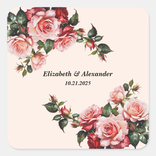 Mooi roze en rode rozen huwelijk vierkante sticker (Voorkant)