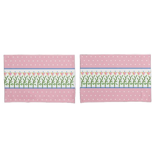 Mooi roze en witte stippen en bloemenrand kussensloop (Voorkant-Set)