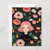 Mooi Roze Haar en Bloemen Briefkaart (Voorkant / Achterkant)