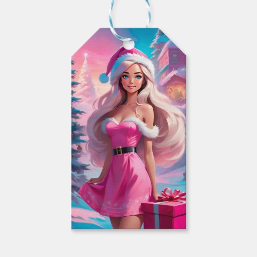 Mooi Roze Kerstmis Meisje 01 Cadeaulabel (Voorkant)