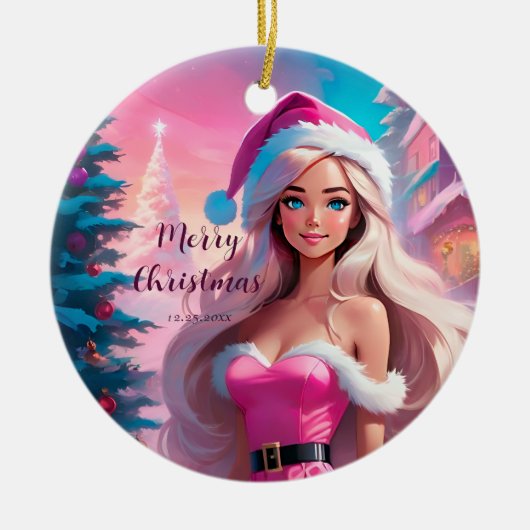Mooi Roze Kerstmis Meisje 01 Keramisch Ornament (Voorkant)