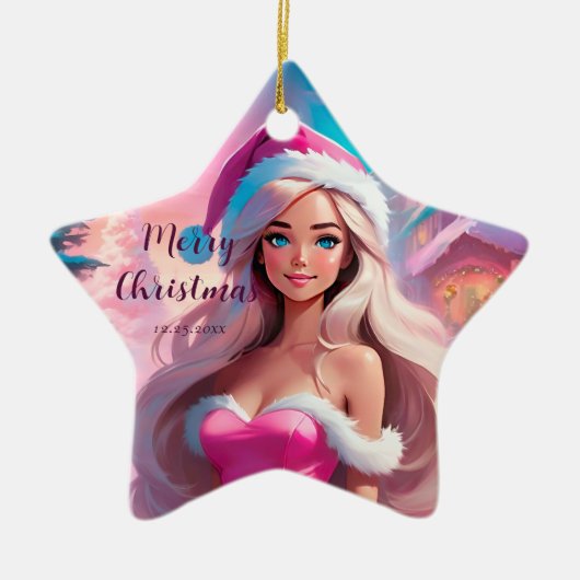 Mooi Roze Kerstmis Meisje 01 Keramisch Ornament (Voorkant)