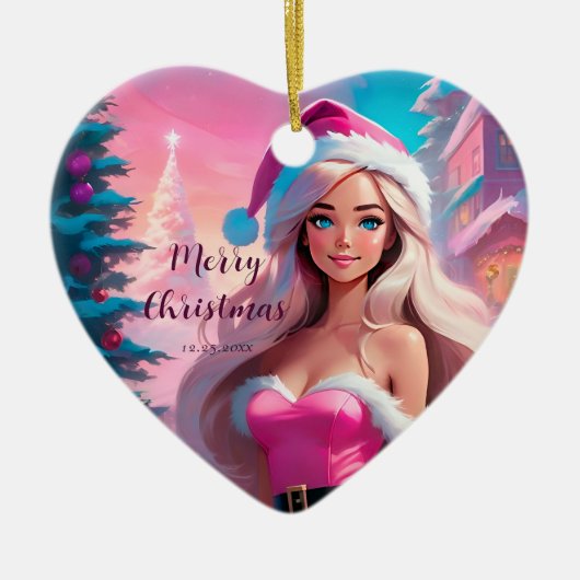 Mooi Roze Kerstmis Meisje 01 Keramisch Ornament (Voorkant)