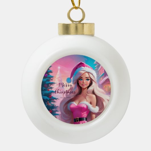 Mooi Roze Kerstmis Meisje 01 Keramische Bal Ornament (Voorkant)