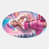 Mooi Roze Kerstmis Meisje 01 Ovale Sticker (Voorkant)