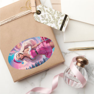 Mooi Roze Kerstmis Meisje 01 Ovale Sticker
