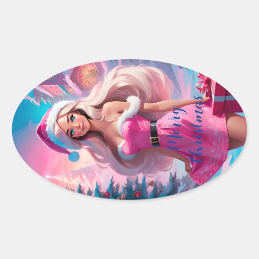 Mooi Roze Kerstmis Meisje 01 Ovale Sticker (Voorkant)