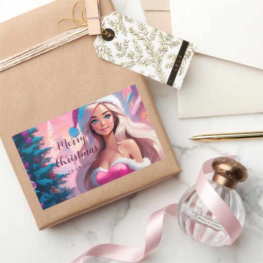 Mooi Roze Kerstmis Meisje 01 Rechthoekige Sticker (Geschenken)