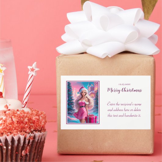 Mooi Roze Kerstmis Meisje 01 Rechthoekige Sticker (Feest)