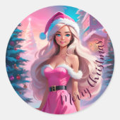 Mooi Roze Kerstmis Meisje 01 Ronde Sticker (Voorkant)