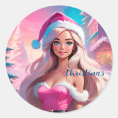 Mooi Roze Kerstmis Meisje 01 Ronde Sticker (Voorkant)