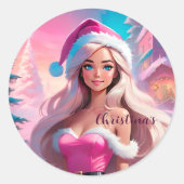 Mooi Roze Kerstmis Meisje 01 Ronde Sticker (Voorkant)