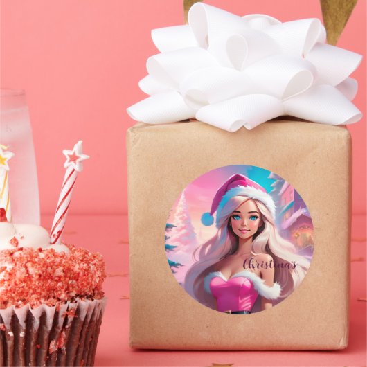 Mooi Roze Kerstmis Meisje 01 Ronde Sticker (Feest)