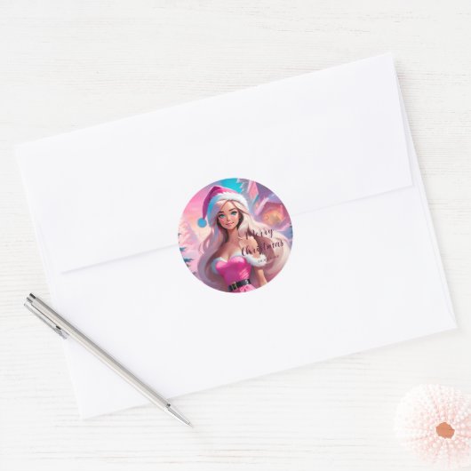 Mooi Roze Kerstmis Meisje 01 Ronde Sticker (Envelop)