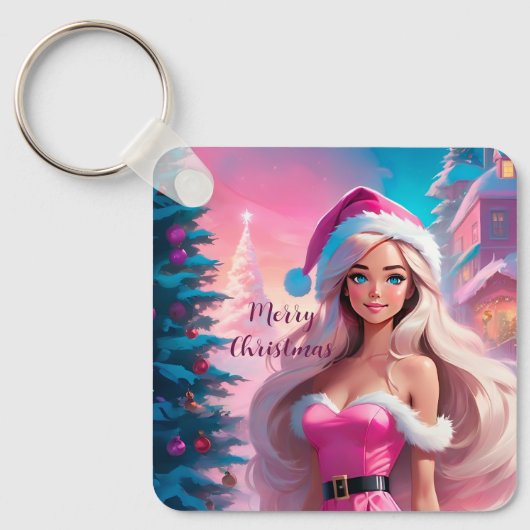 Mooi Roze Kerstmis Meisje 01 Sleutelhanger (Voorkant)