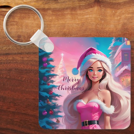 Mooi Roze Kerstmis Meisje 01 Sleutelhanger (Voorkant)