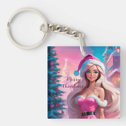 Mooi Roze Kerstmis Meisje 01 Sleutelhanger (Voorkant)