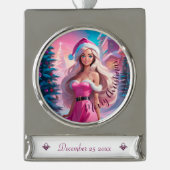 Mooi Roze Kerstmis Meisje 01 Verzilverd Banner Ornament (Voorkant)