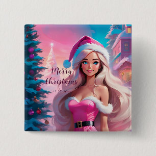Mooi Roze Kerstmis Meisje 01 Vierkante Button 5,1 Cm