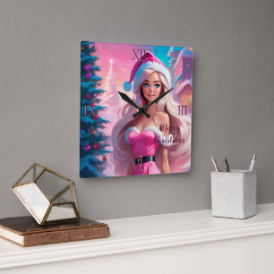 Mooi Roze Kerstmis Meisje 01 Vierkante Klok