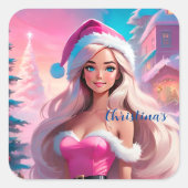 Mooi Roze Kerstmis Meisje 01 Vierkante Sticker (Voorkant)
