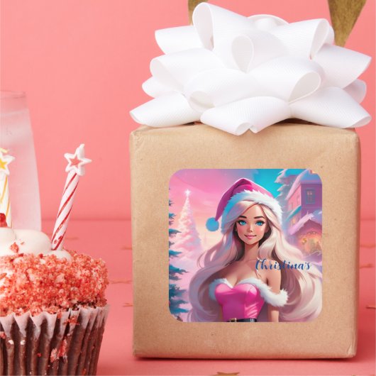 Mooi Roze Kerstmis Meisje 01 Vierkante Sticker (Feest)