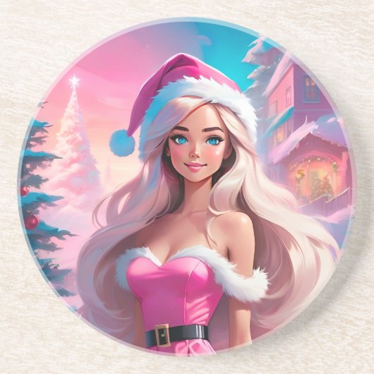 Mooi Roze Kerstmis Meisje 01 Zandsteen Onderzetter (Voorkant)