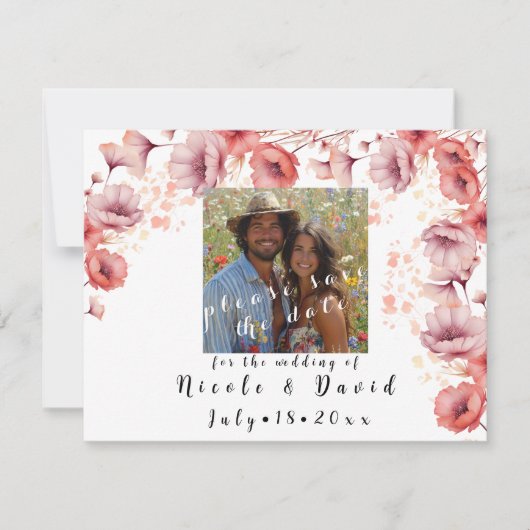 Mooi Roze, Perzikdons, Waterkleur Bruiloft Save The Date (Voorkant)