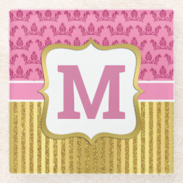 Mooi Roze Prinsessenkronen & Gouden Glitter Strepe Glazen Onderzetter