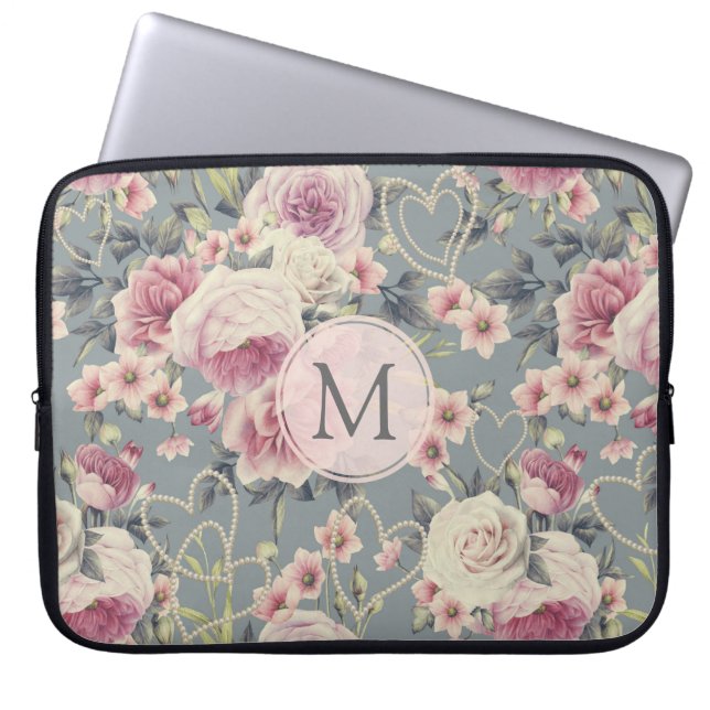 Mooi Roze Rozen en Parel Harten Monogram Laptop Sleeve (Voorkant)