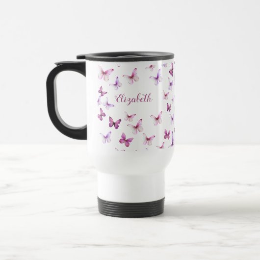 Mooi Roze Vlinders Aangepaste Naam Reisbeker (Links)