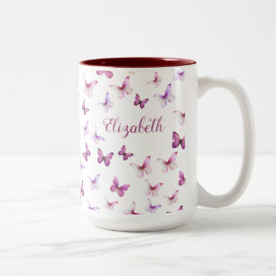 Mooi Roze Vlinders Aangepaste Naam Tweekleurige Koffiemok