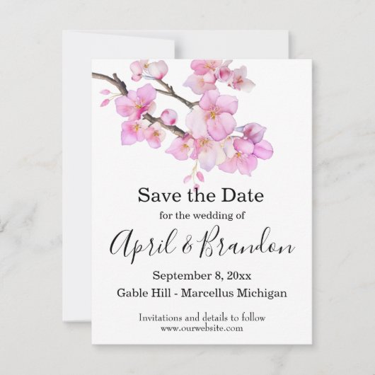 Mooi roze waterverf kersenbloesems script save the date (Voorkant)