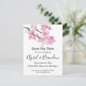 Mooi roze waterverf kersenbloesems script save the date (Staand voorkant)