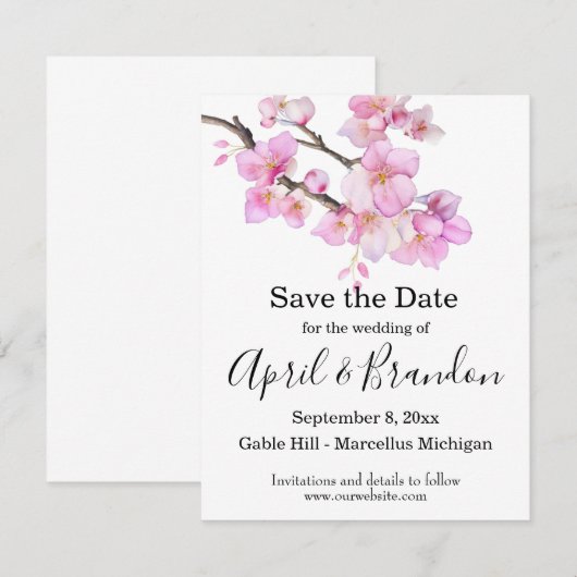 Mooi roze waterverf kersenbloesems script save the date (Voorkant / Achterkant)
