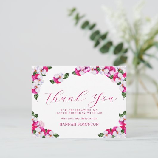 Mooi roze witte bloemige 100e verjaardag Bedankt Briefkaart (Staand voorkant)