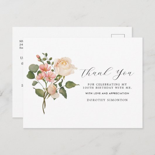 Mooi roze witte bloemige 100ste verjaardag Bedankt Briefkaart (Voorkant / Achterkant)