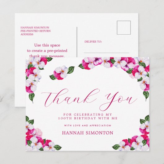 Mooi roze witte bloemige bedankt voor je 100e verj briefkaart (Voorkant / Achterkant)