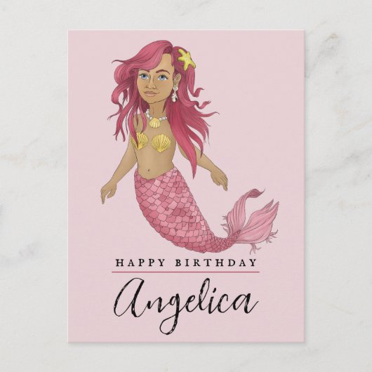 Mooi Roze Zeemeermin Gelukkige Verjaardag Aangepas Briefkaart (Voorkant)