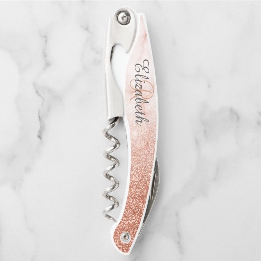 Mooi rozen goud marmer monogram glittersymbool kurkentrekker (Voorkant)