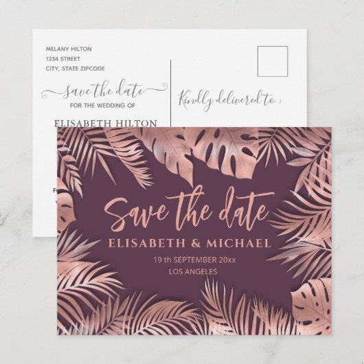 Mooi rozen gouden tropische bladeren romantisch aankondigingskaart (Voorkant / Achterkant)