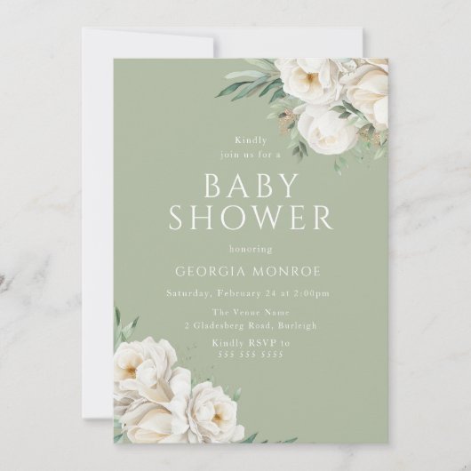 Mooi Sage Groen & Wit Bloemen Baby shower Kaart (Voorkant)