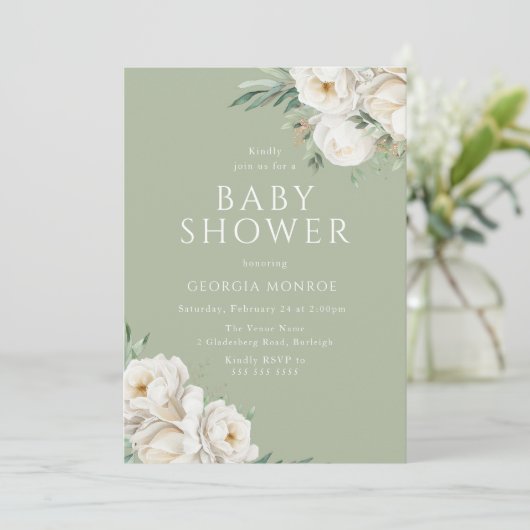 Mooi Sage Groen & Wit Bloemen Baby shower Kaart (Staand voorkant)