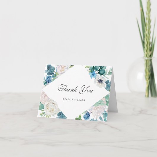 Mooi saliegroen blauw wit bloemendankkaart bedankkaart (Voorkant)