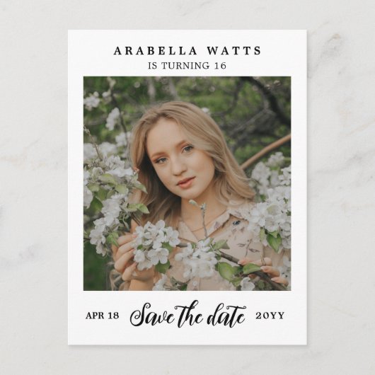 Mooi script, 16 Foto opslaan Datum Aankondigingskaart (Voorkant)