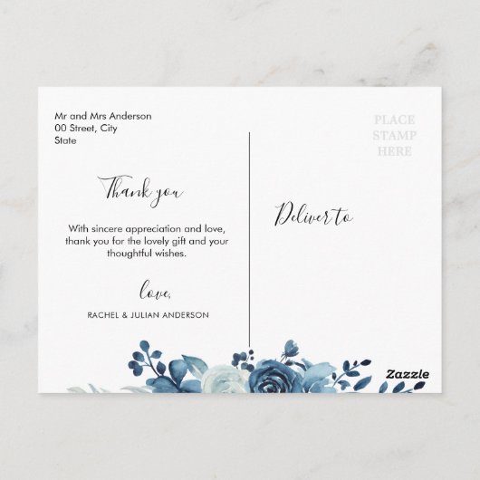 Mooi script blauw bloemenbruiloft dank u briefkaart (Achterkant)