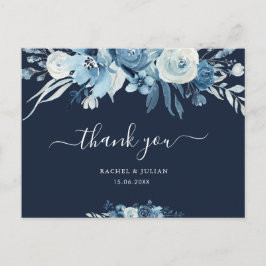 Mooi script blauw bloemenbruiloft dank u briefkaart