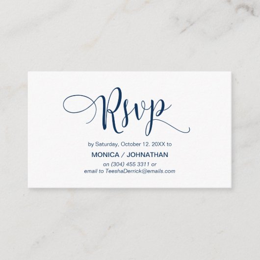 Mooi script, marineblauw, RSVP reageren Informatiekaartje (Voorkant)